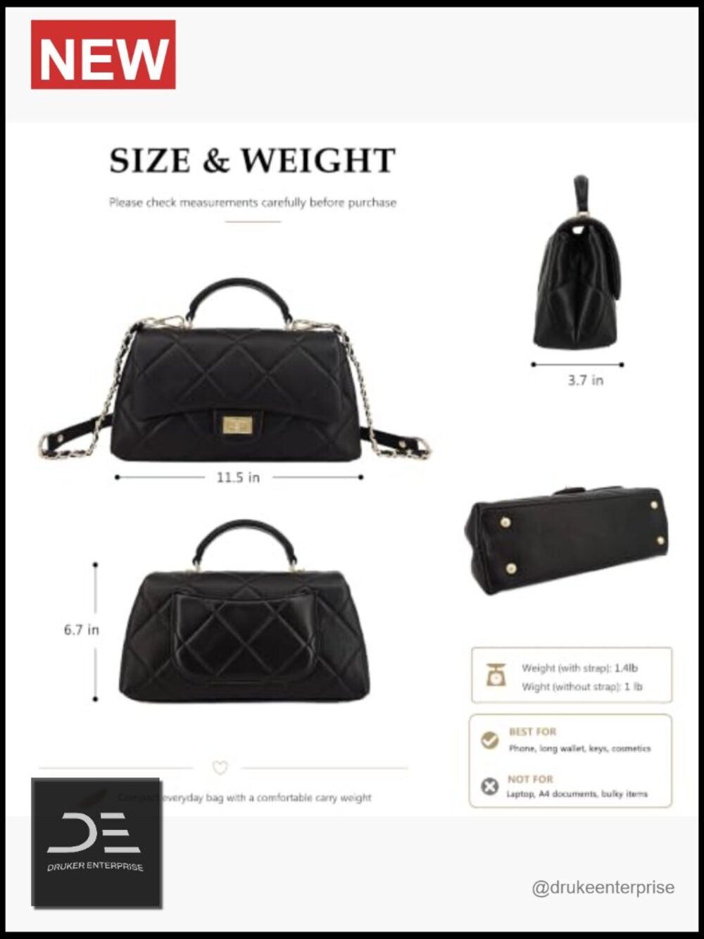 Quilted Leather Crossbody Bag with Detachable Chain Strap, Top Handle Flap Purse - Picture 3 of 7